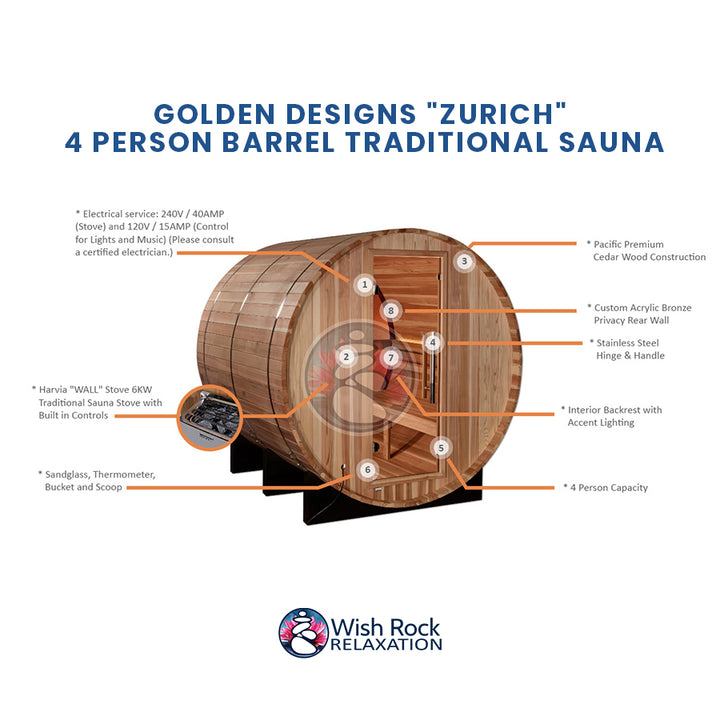 Golden Designs "Zurich" 4 Person Barrel Traditional Sauna detailed feature infographic from Wish Rock Relaxation