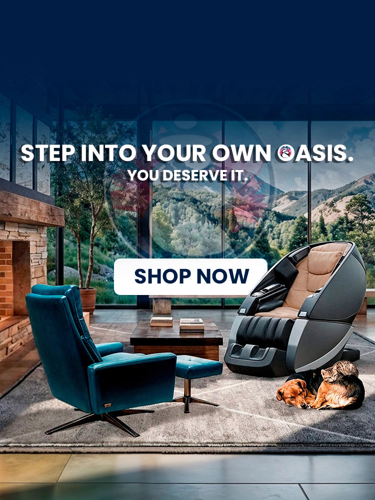 Super Novo X Massage chair, American Leather Cirrus Comfort Air with Ottoman and Adagio Olympus Falls Wall Fountain in a luxury mountain-view living room with fireplace, floor-to-ceiling windows, modern lounge chair, and sleeping dogs, lifestyle relaxation setting from Wish Rock Relaxation.