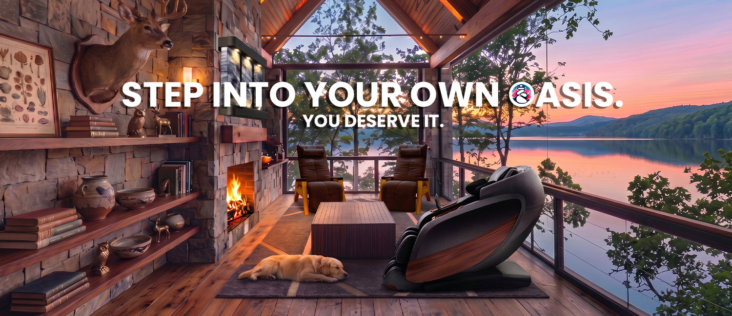 Luxury lakefront wellness retreat featuring a premium massage chair, cozy fireplace, and relaxing cabin interior from Wish Rock Relaxation.