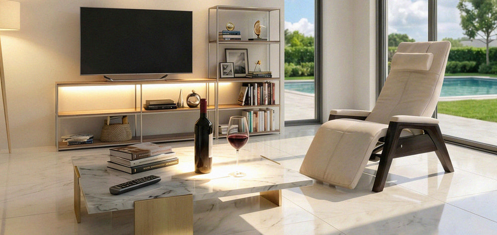 Human Touch Perfect Chair PC-610 Zero Gravity Chair in beige beside poolside window in modern living room from Wish Rock Relaxation