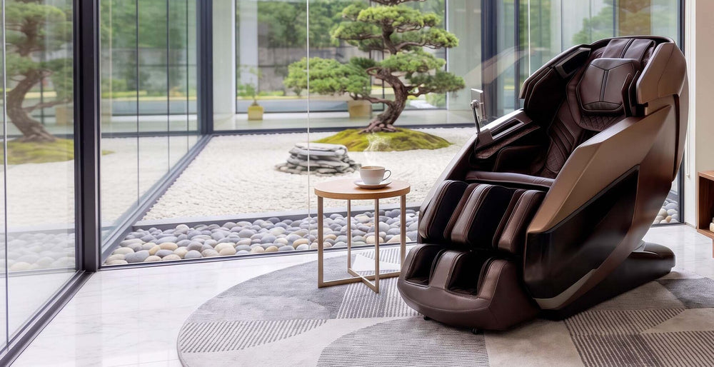 Infinity Circadian Syner-D massage chair positioned in a spa-inspired room with zen garden view and coffee table
