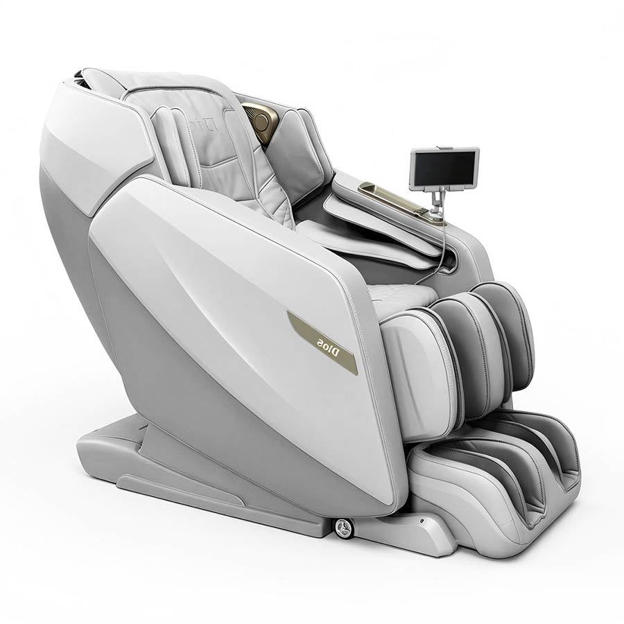 Kahuna Dios Flexa massage chair in grey reclined with extended footrest and tablet controller attached.