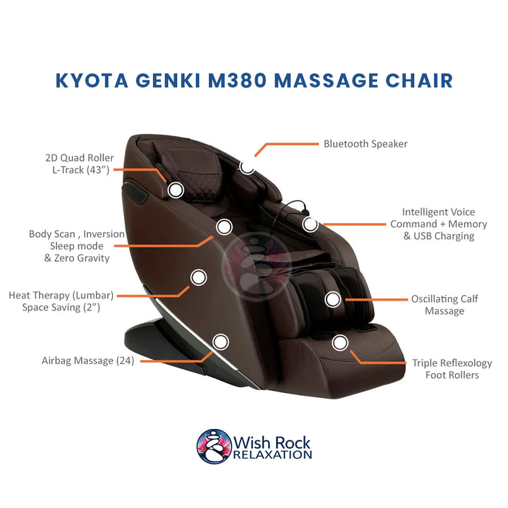 Kyota Genki M380 Massage Chair detailed feature infographic from Wish Rock Relaxation