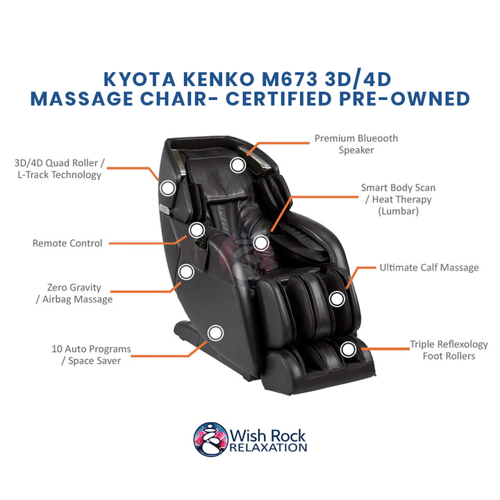 Kyota Kenko M673 3D/4D Massage Chair - Certified Pre-Owned detailed feature infographic from Wish Rock Relaxation