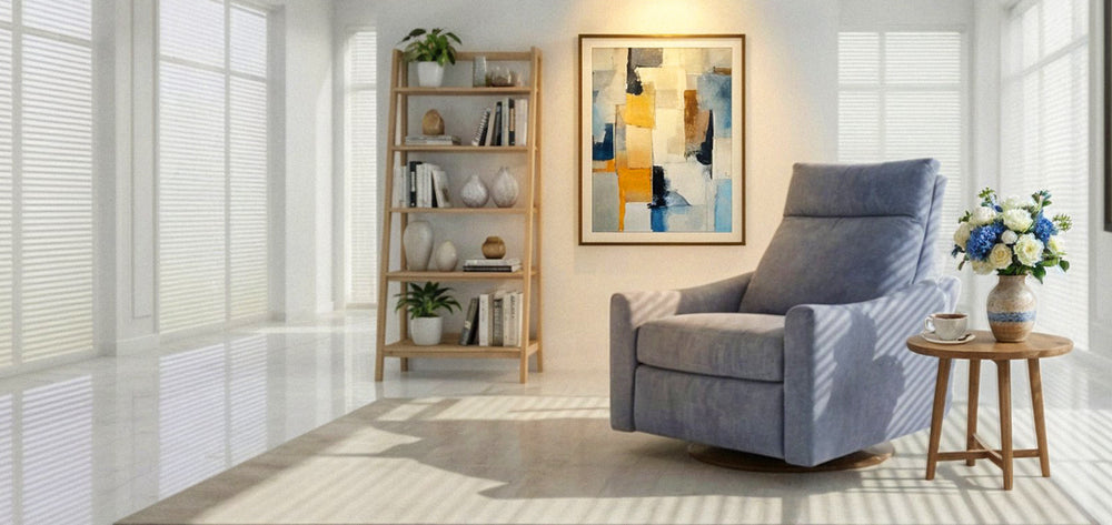 American Leather Ontario Comfort Echo Recliner in gray with swivel base in bright modern living room from Wish Rock Relaxation