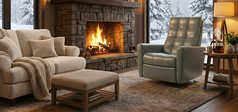 American Leather Como Comfort Echo Recliner in sage green by fireplace in cozy living room from Wish Rock Relaxation