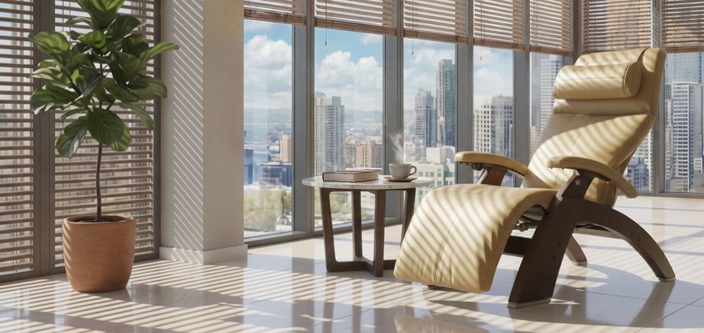 Human Touch Perfect Chair PC-610 Zero Gravity Chair in beige reclining in a sunlit high-rise living space with city view from Wish Rock Relaxation