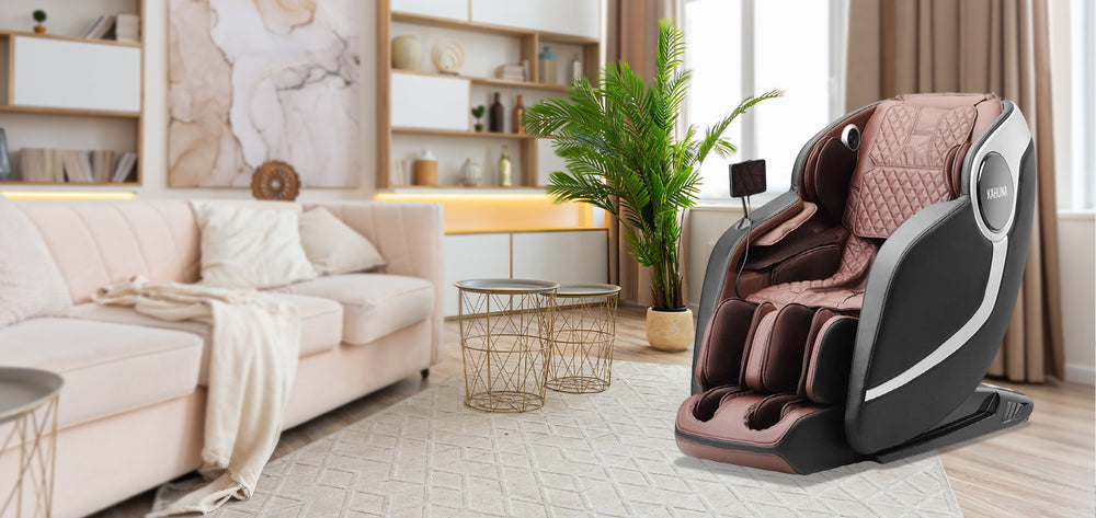 Kahuna Arete Elite massage chair in brown and black in modern living room from Wish Rock Relaxation.