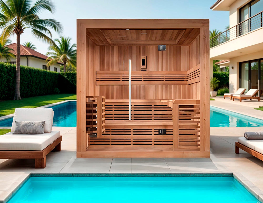 Golden Designs "Osla Edition" 6 Person Traditional Sauna - Canadian Red Cedar shown poolside in a modern outdoor setting, featuring spacious seating, tempered glass door, and elegant wood craftsmanship from Wish Rock Relaxation.