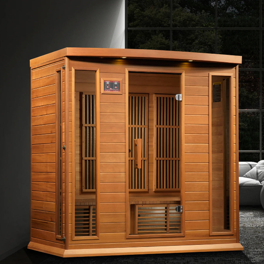 Maxxus "Chaumont Edition" 4-Person Corner Near Zero EMF FAR Infrared Sauna - Canadian Red Cedar - Lifestyle Image