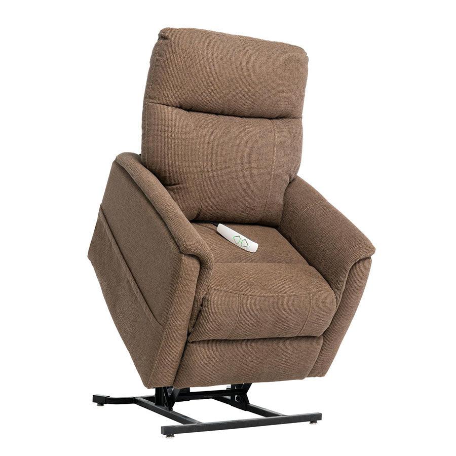 Mega Motion MM-6410 Benti Petite 3-Position Lift Chair in Expresso upholstery shown in the lifted position from Wish Rock Relaxation.