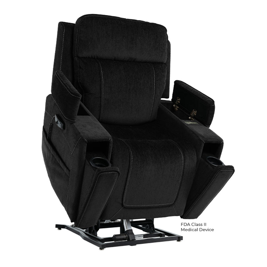 Mega Motion MM-8955 iNFI IMMERSE Infinite Position Lift Chair in steel, lifted with open arm storage and cup holders.