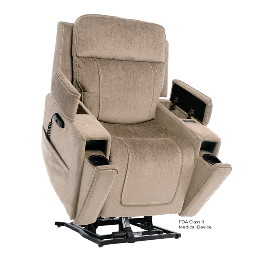 Mega Motion MM-8955 iNFI IMMERSE Infinite Position Lift Chair in putty, lifted with open arm storage and cup holders.
