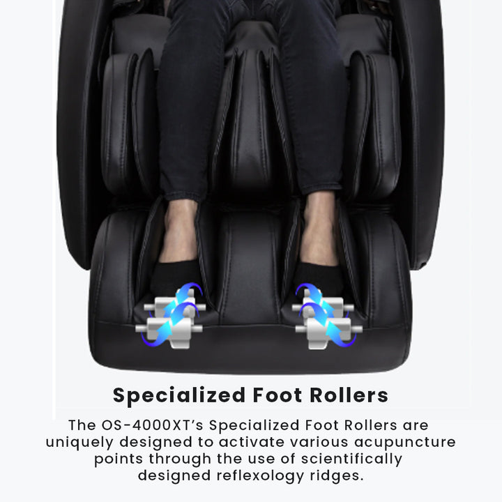 Osaki OS-4000XT Massage Chair in black showing dual spinning foot rollers massaging user's soles