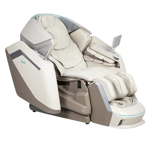 Osaki Ai Apex Duo 5D+4D Massage Chair in beige fully reclined with the sliding side-entry system and padded leg rest from Wish Rock Relaxation.
