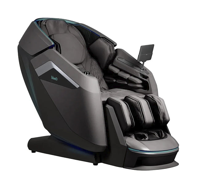 Osaki Ai Apex Duo 5D+4D Massage Chair in brown shown in reclined position with touchscreen panel from Wish Rock Relaxation.