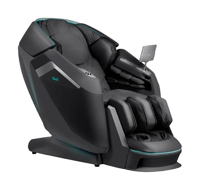 Osaki Ai Apex Duo 5D+4D Massage Chair in black shown in reclined position with touchscreen panel from Wish Rock Relaxation.
