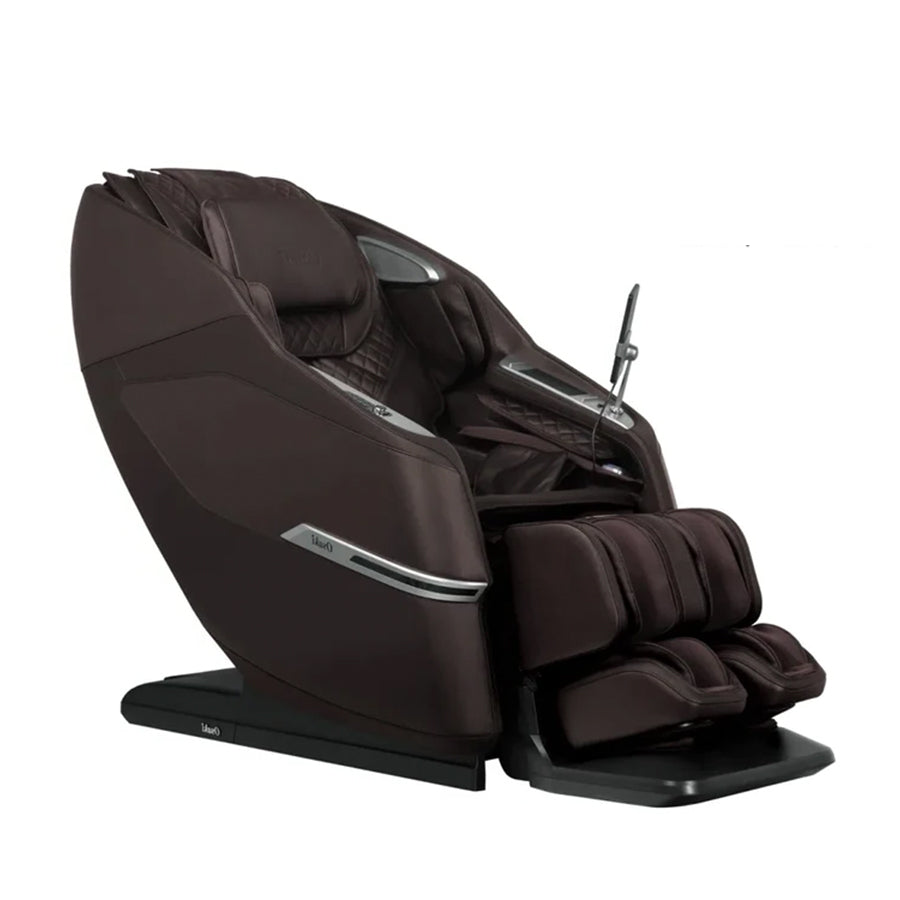 Osaki Aeris 4D Duo massage chair in Brown upholstery, shown from a three-quarter angle in the upright position.
