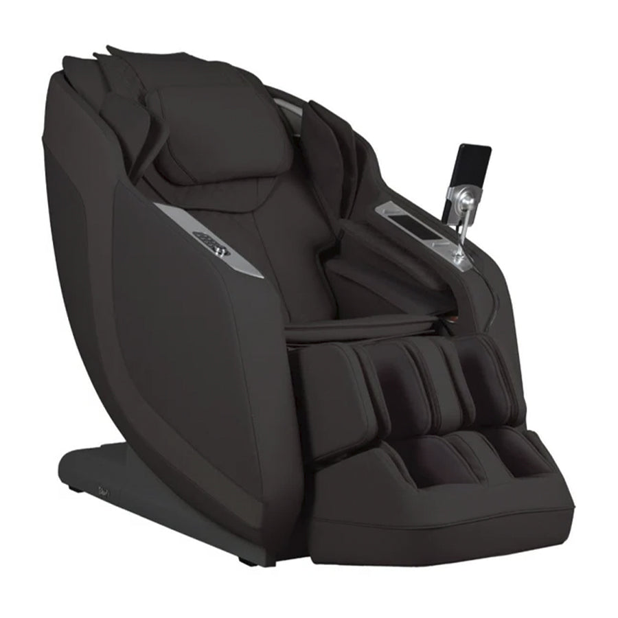 Osaki 4D Helix LE Massage Chair in brown angled front view with foot rollers and tablet controller.