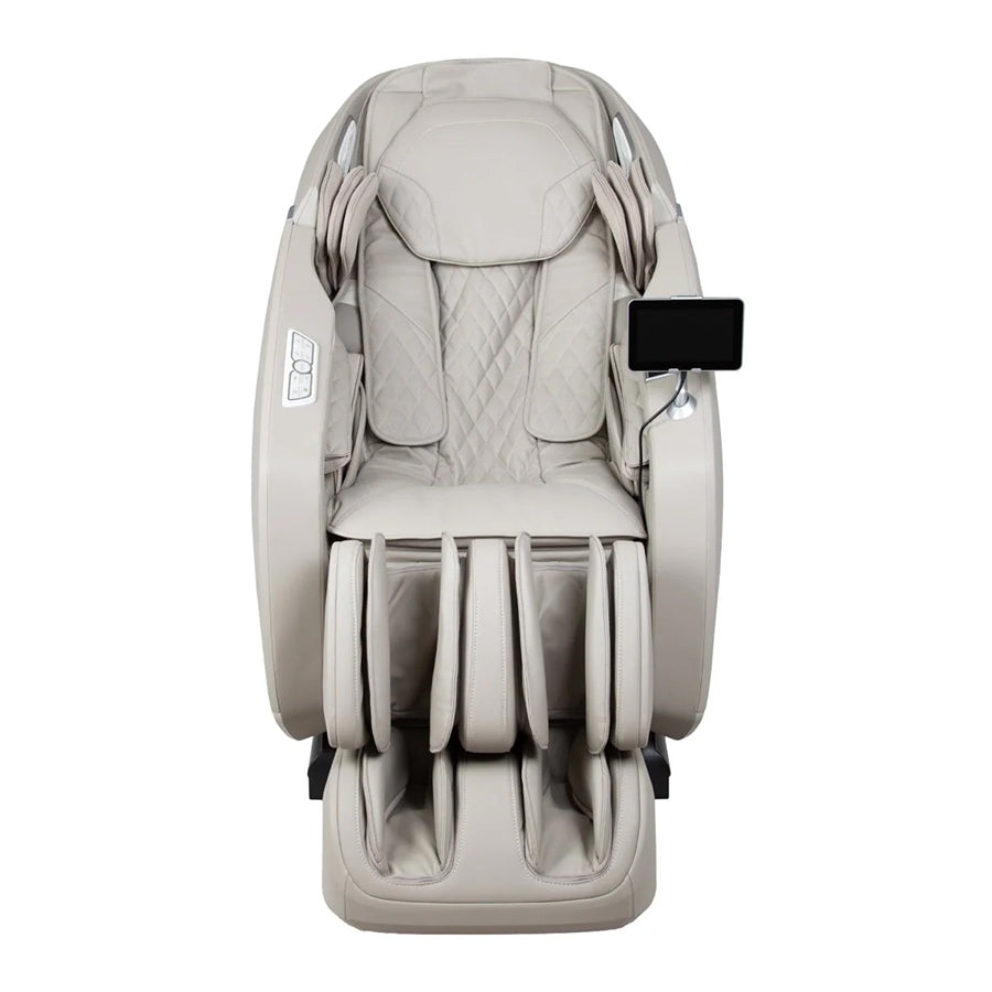 Osaki Kairos Duo 5D+4D Massage Chair in taupe front view with quilted seat and full-body massage design.