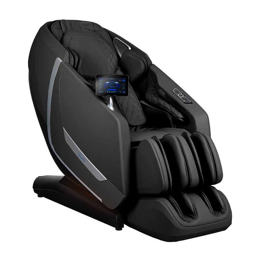Osaki Kairos Duo 5D+4D Massage Chair in black angled view with touchscreen tablet controller.
