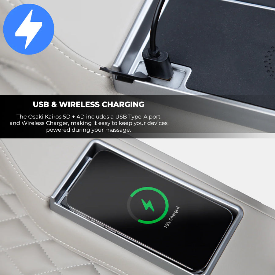 Osaki Kairos Duo 5D+4D Massage Chair with USB and wireless charging feature built into armrest from Wish Rock Relaxation.