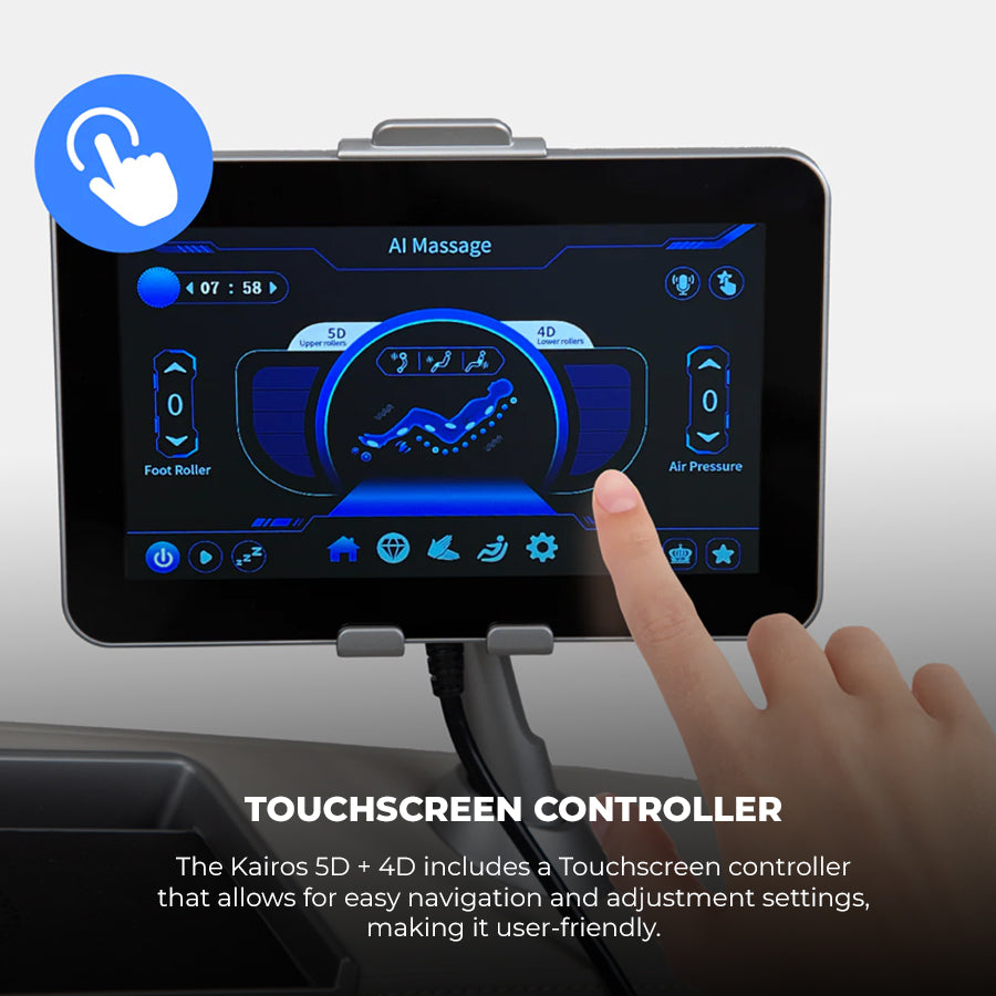 Osaki Kairos Duo 5D+4D Massage Chair touchscreen tablet controller with AI massage programs.