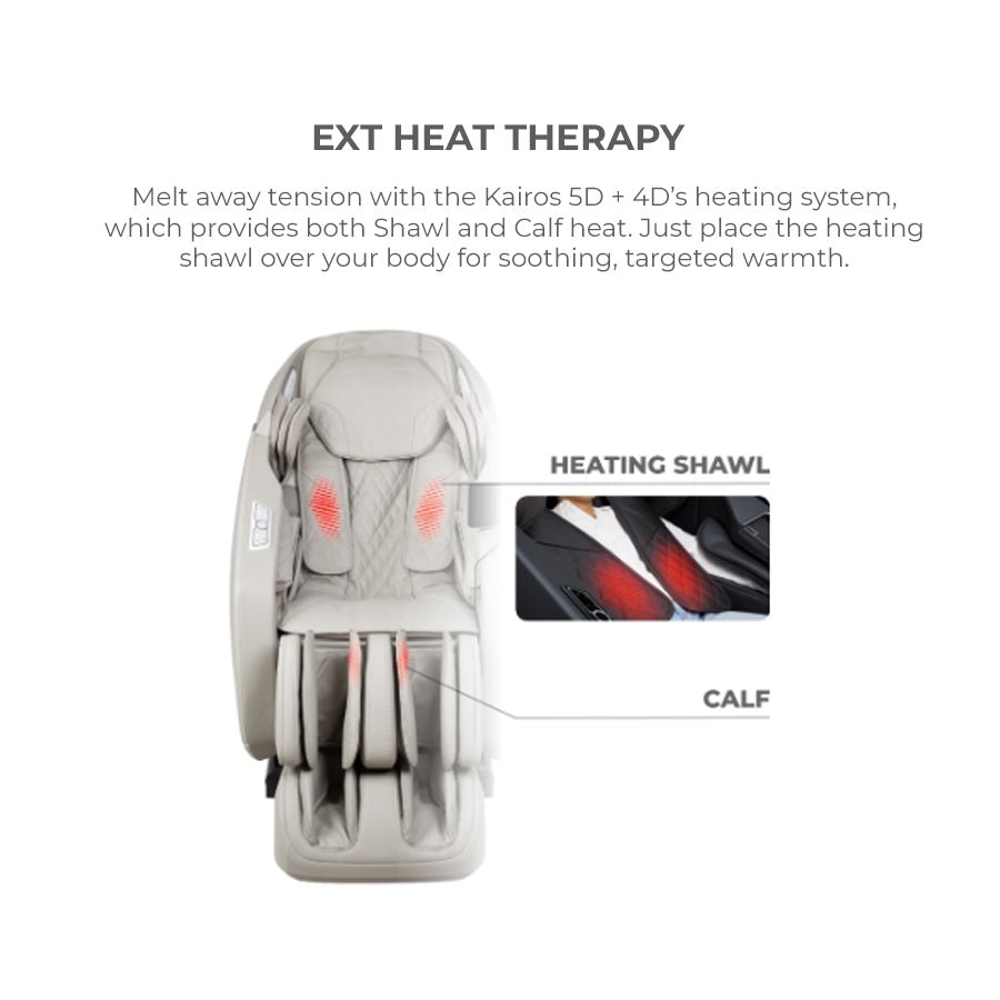 Osaki Kairos Duo 5D+4D Massage Chair ext heat therapy with shawl and calf heat zones from Wish Rock Relaxation.