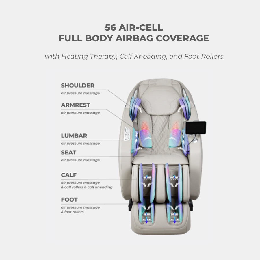 Osaki Kairos Duo 5D+4D Massage Chair with 56 air-cell full body airbag coverage from Wish Rock Relaxation.
