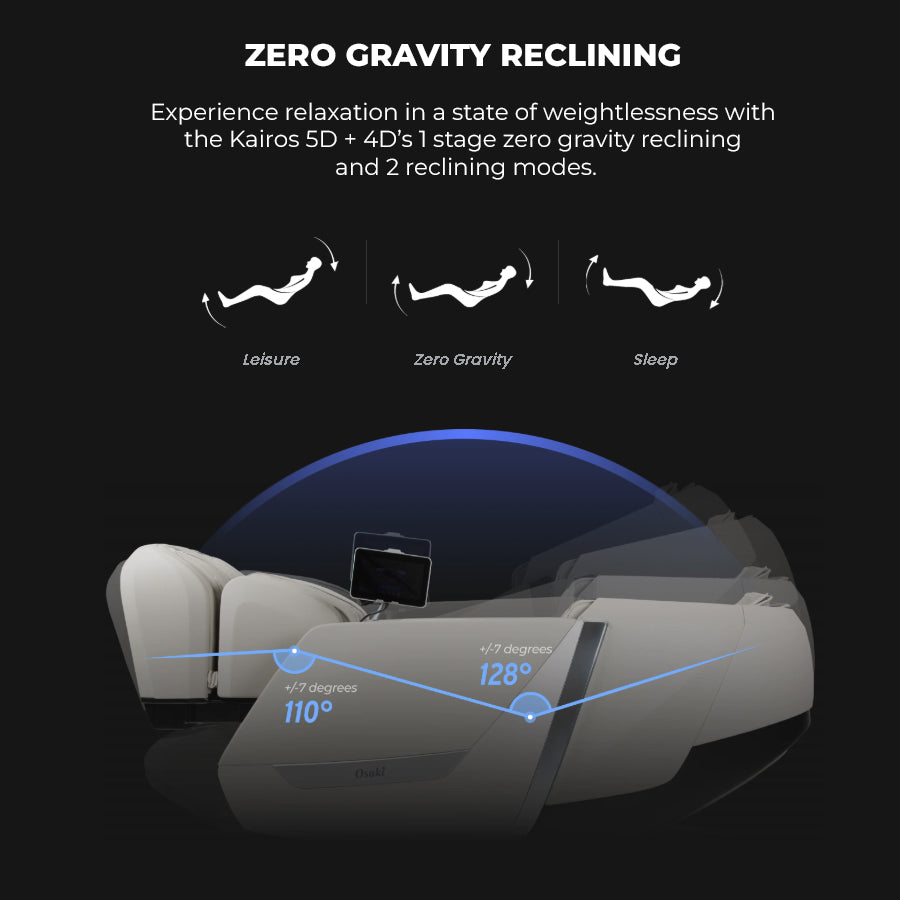 Osaki Kairos Duo 5D+4D Massage Chair with zero gravity reclining and multiple recline modes from Wish Rock Relaxation.