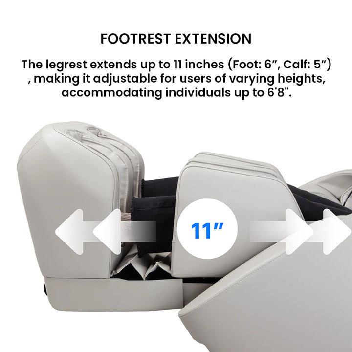 Osaki Atlas XL 4D Massage Chair showing 11-inch footrest extension to fit users up to 6'8" comfortably from Wish Rock Relaxation.