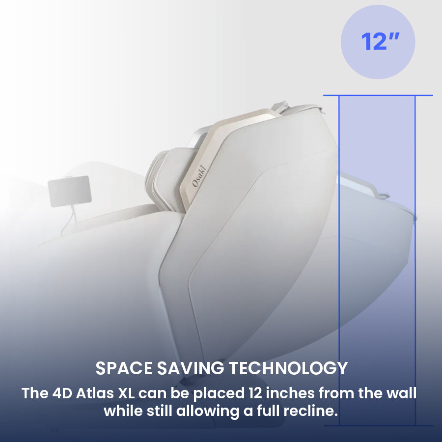 Side view of Osaki Atlas XL 4D Massage Chair showing 12-inch wall clearance while fully reclined, ideal for tight spaces from Wish Rock Relaxation.