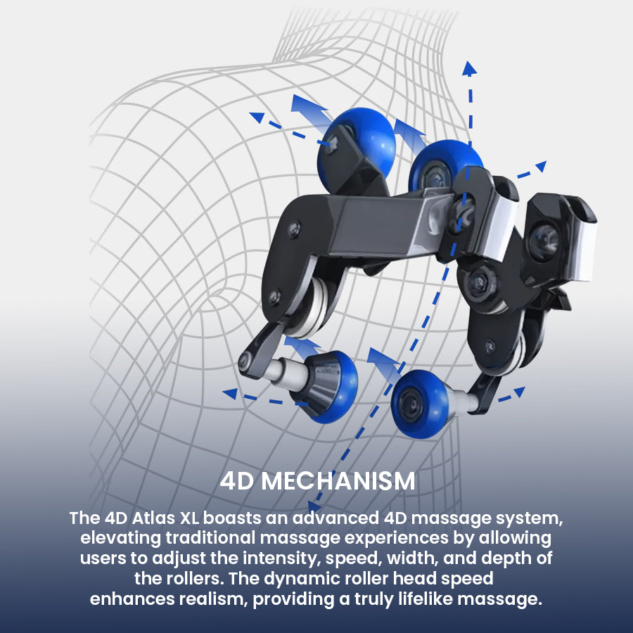 Close-up of Osaki Atlas XL 4D Massage Chair’s roller mechanism enabling adjustable speed, width, depth, and intensity from Wish Rock Relaxation.