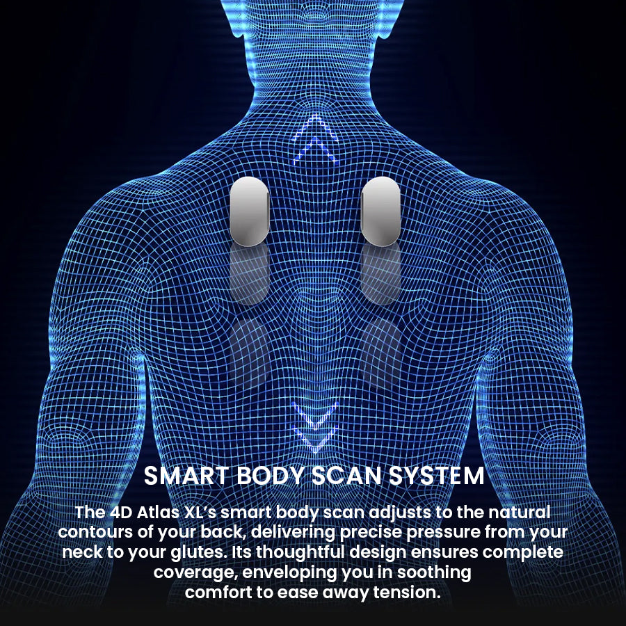 Osaki Atlas XL 4D Massage Chair demonstrating smart body scan technology adapting to back contours for personalized massage from Wish Rock Relaxation.