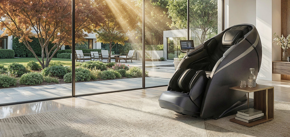 Osaki OS-Pro DuoMax 4D+ massage chair in black in luxury living room from Wish Rock Relaxation.
