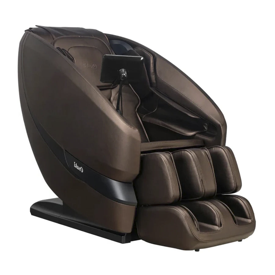 Osaki Oasis Massage Chair in brown angled front view with tablet controller.