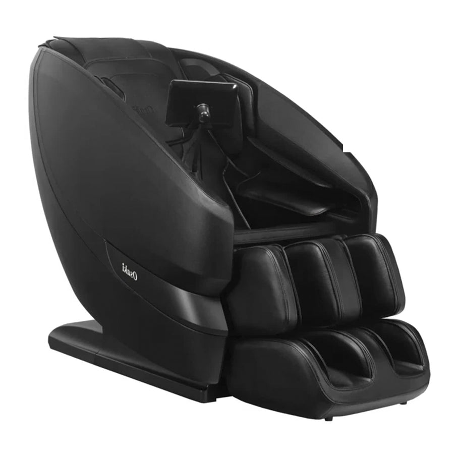 Osaki Oasis Massage Chair in black angled front view with tablet controller and foot rollers.