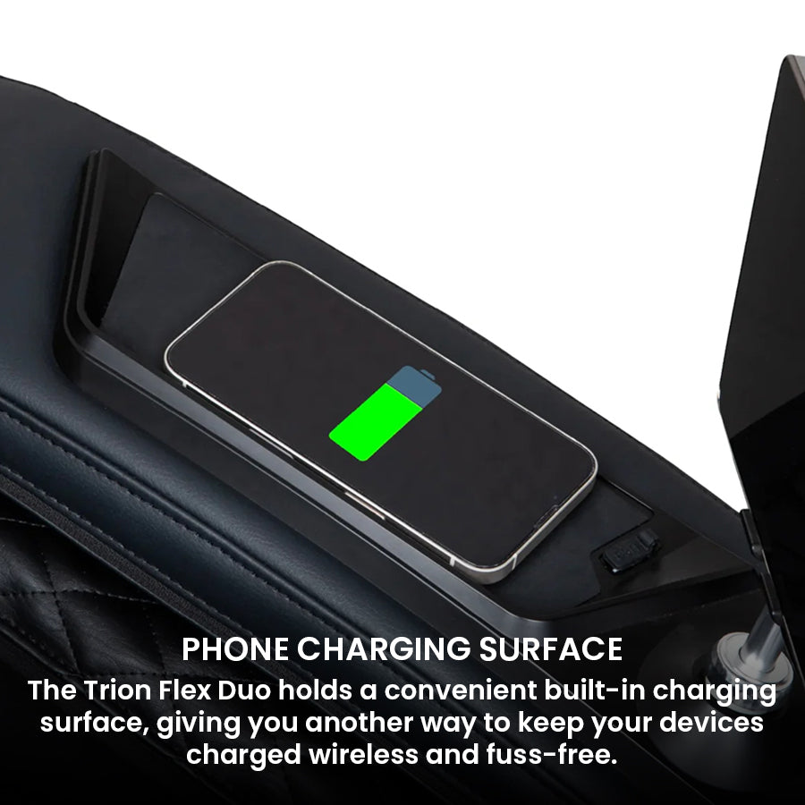 Osaki Trion Flex Duo 4D+3D Massage Chair in black. Smartphone charging on built-in wireless charging pad beside tablet holder.
