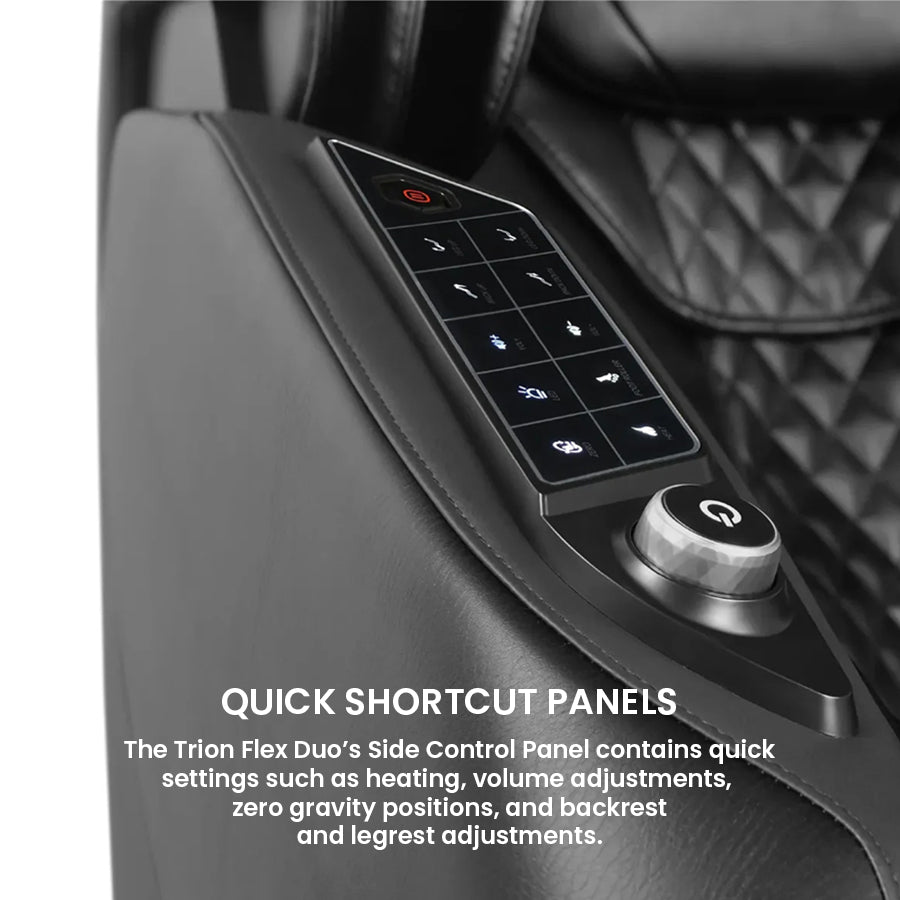 Osaki Trion Flex Duo 4D+3D Massage Chair in black. Close-up of illuminated side control panel with quick-access buttons.