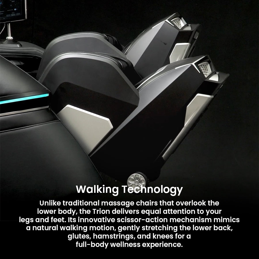 Osaki Trion Flex Duo 4D+3D Massage Chair in black. Side view showing adjustable footrest extension with sleek modern design.