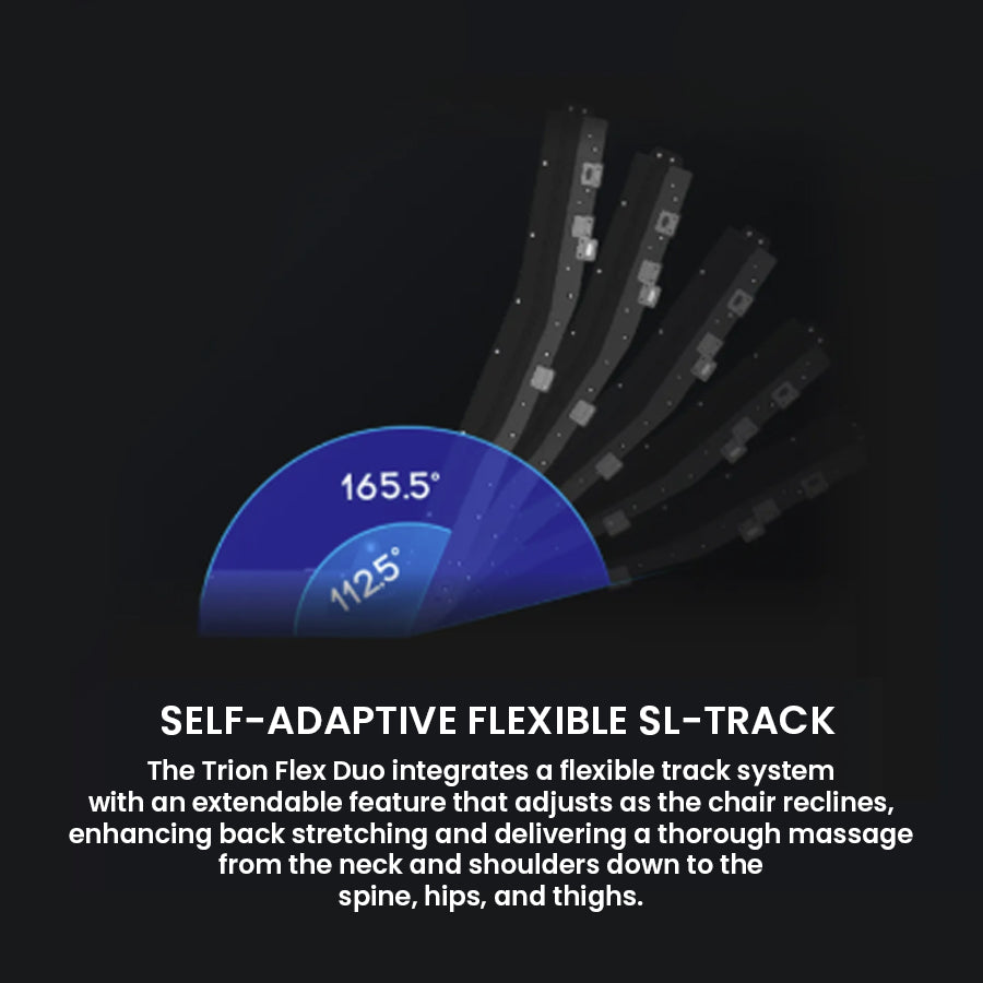 Osaki Trion Flex Duo Massage Chair feature graphic showing self-adaptive flexible SL-track with recline angles and spine-to-thigh coverage from Wish Rock Relaxation.