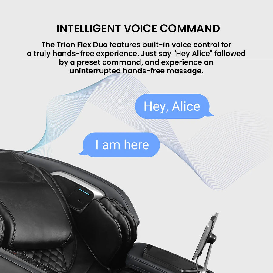 Osaki Trion Flex Duo 4D+3D Massage Chair in black. Close-up showing voice control function with “Hey, Alice” assistant interaction.