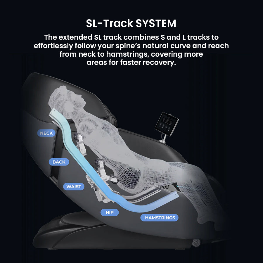 Osaki Trion Flex Duo 4D+3D Massage Chair in black. Illustration of L-track massage system targeting neck to hamstrings.