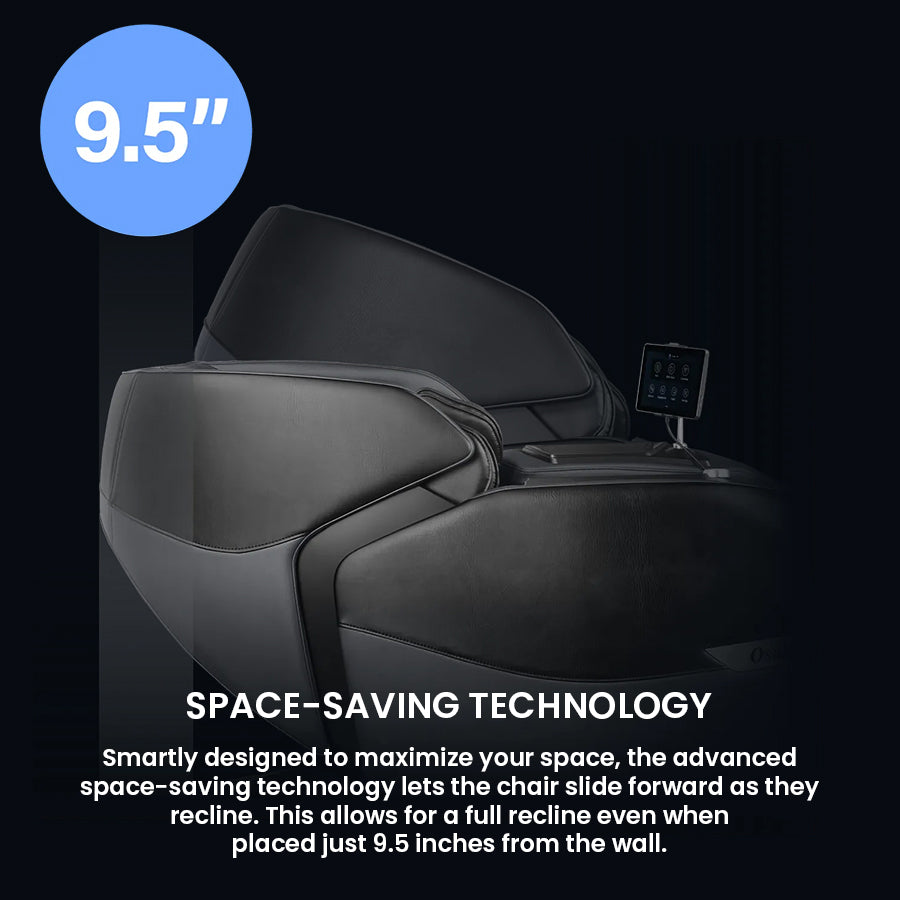 Osaki Trion Flex Duo 4D+3D Massage Chair in black. Reclined side view showing 9.5-inch space-saving design.