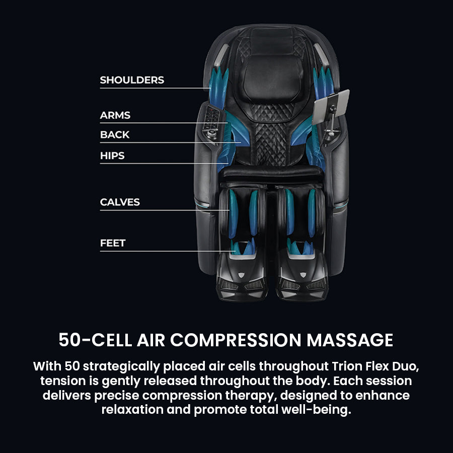 Osaki Trion Flex Duo 4D+3D Massage Chair in black. Top-down view highlighting full-body airbag coverage areas.