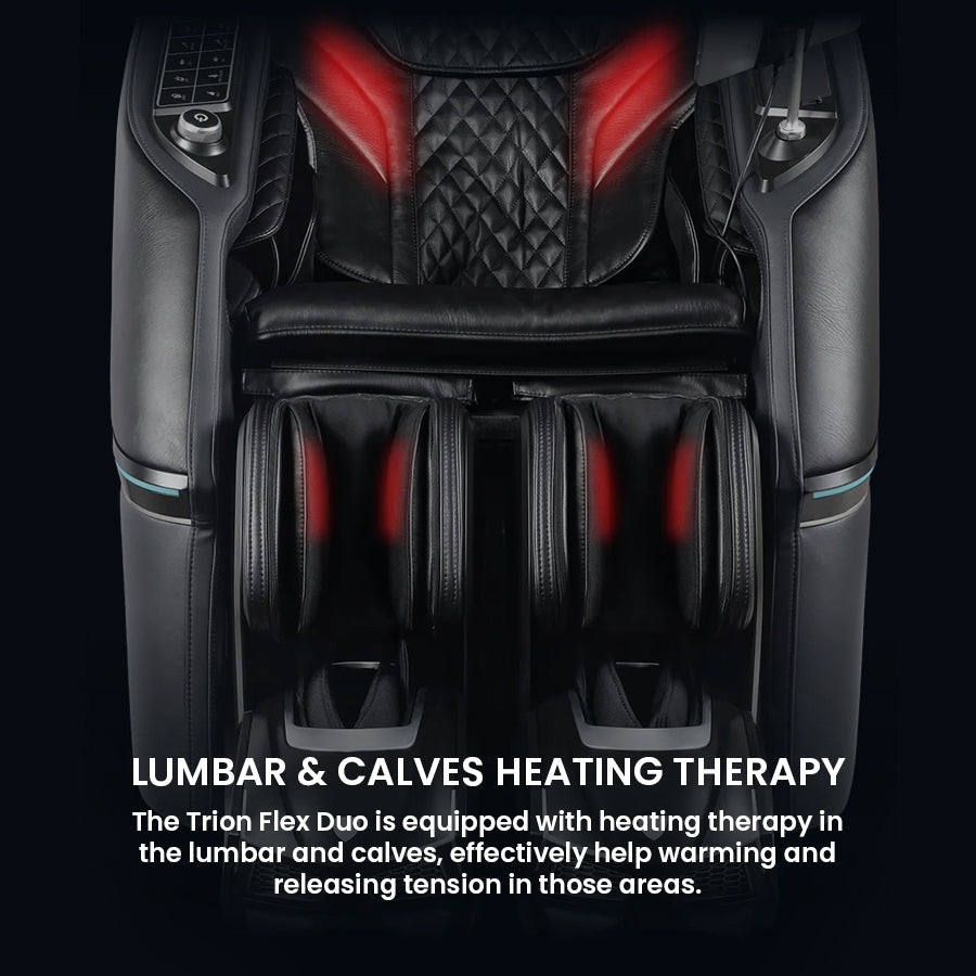 Osaki Trion Flex Duo 4D+3D Massage Chair in black. Front view showing red-lit heating zones in back and calves.