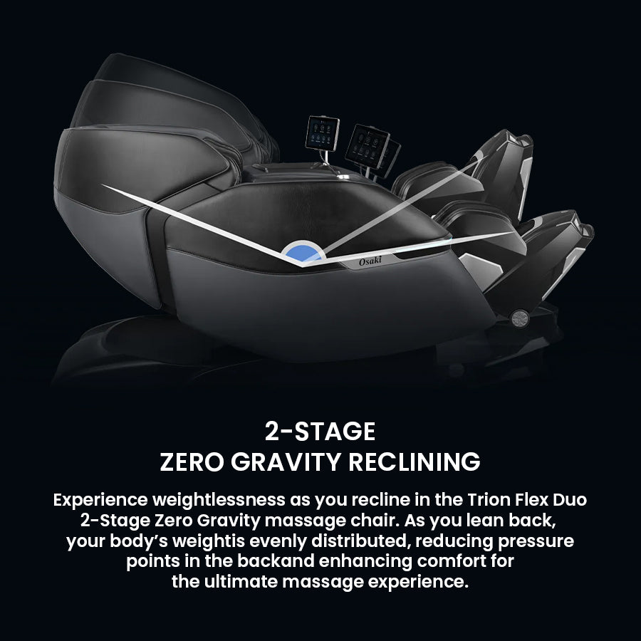 Osaki Trion Flex Duo 4D+3D Massage Chair in black. Reclining view with angle indicator demonstrating flexible positioning.