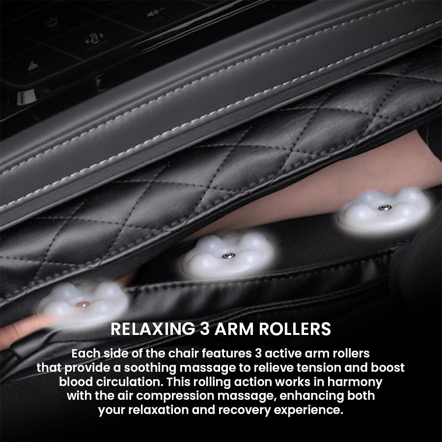 Osaki Trion Flex Duo 4D+3D Massage Chair in black. Close-up of triple-node massage rollers delivering targeted arm relief.