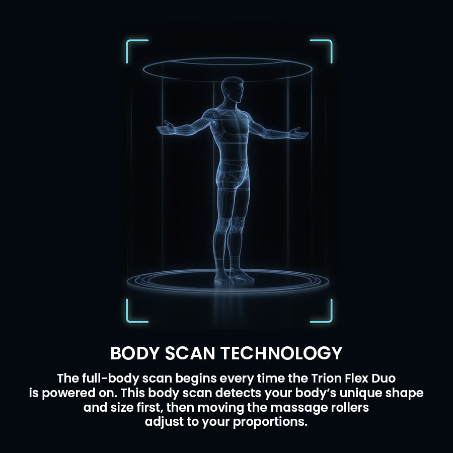 Osaki Trion Flex Duo 4D+3D Massage Chair in black. 3D scan illustration of body mapping technology for personalized massage.