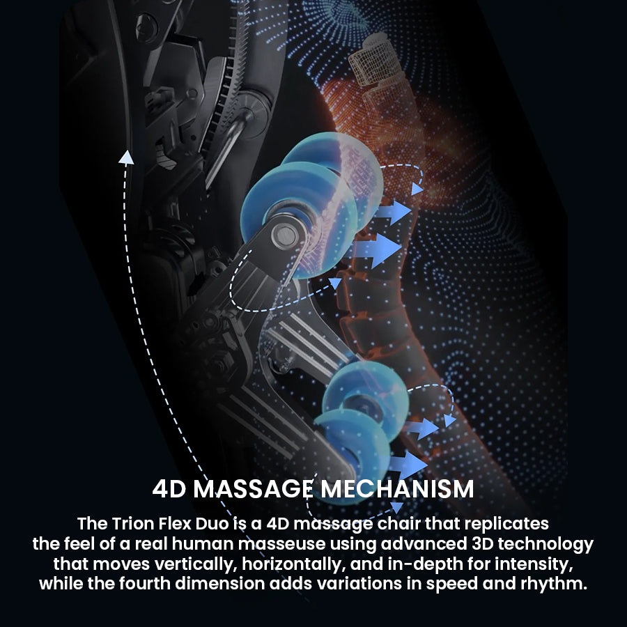 Osaki Trion Flex Duo 4D+3D Massage Chair in black. Graphic showing roller movement contouring to the spine with AI guidance.